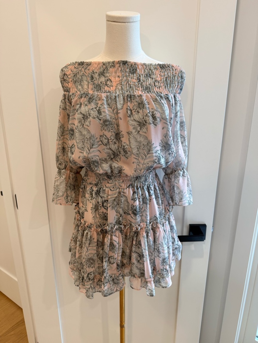 Misa Los Angeles Blush Floral Smocked Off-Shoulder Mini Dress